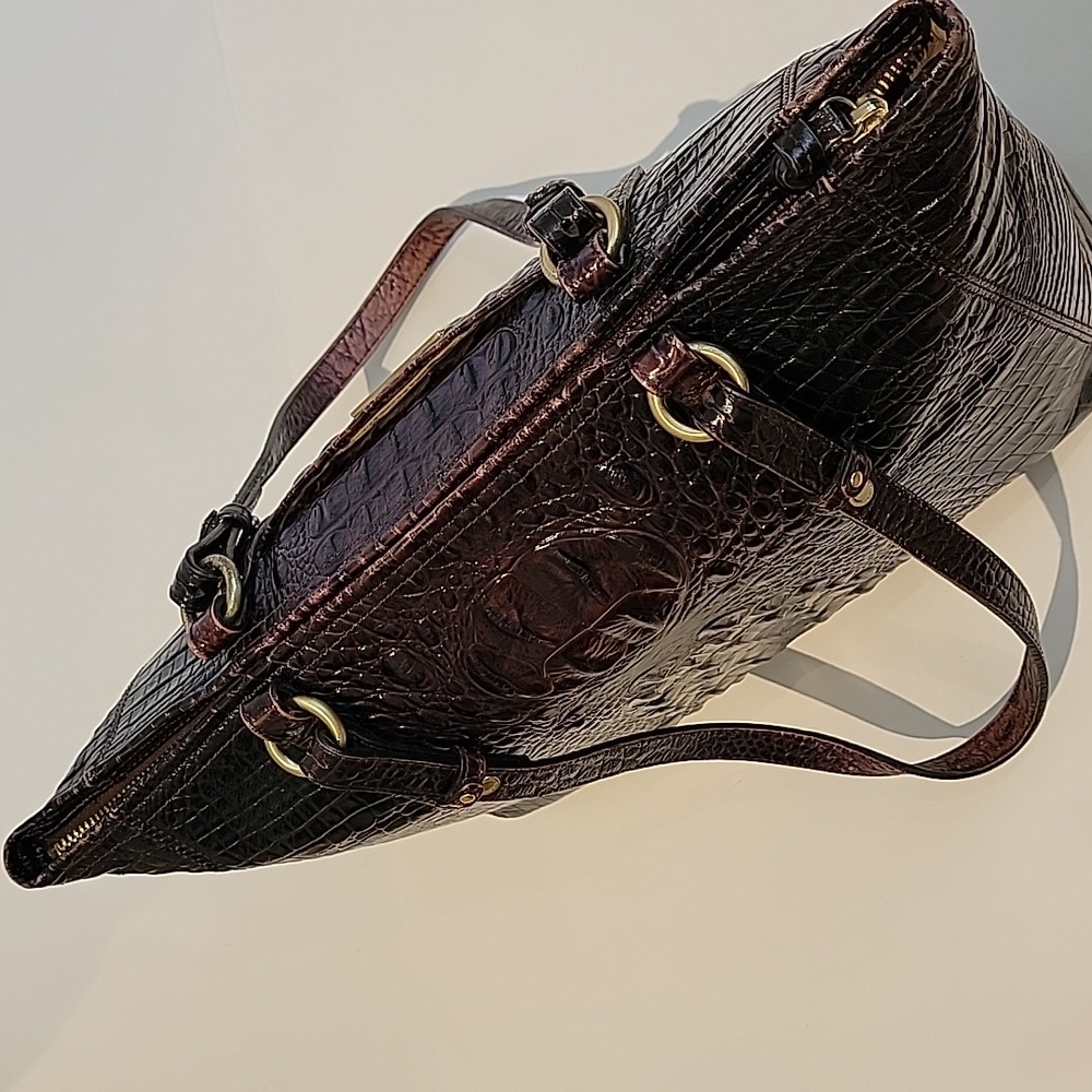BRAHMIN Crocodile-Embossed Brown Leather Bag.  16"w x 10"h x 3.5 D - Picture 5 of 13